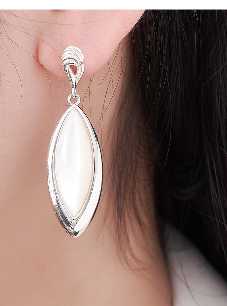 925 Sterling Silver White Shell Marquise Stud Earrings - Vintage Design