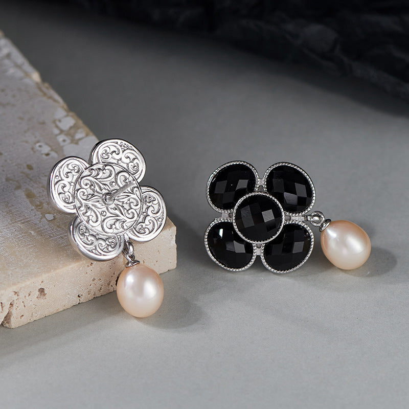 925 Sterling Silver Black Onyx Pearl Camellia Stud Earrings - French Design