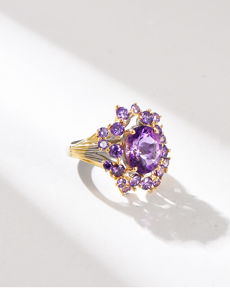 Secret Garden Amethyst Flower Ring - 925 Silver Full Diamond - Light Luxury Opening Ring