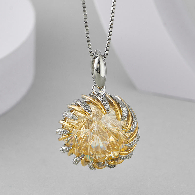 Two-Tone Floral Bud Pendant - 925 Sterling Silver with Yellow Gemstone & Pavé Crystals