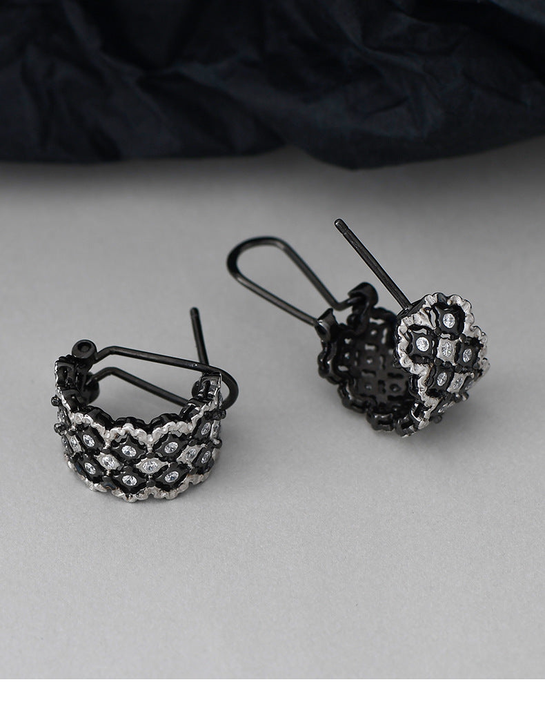Vintage Lace C-Hoop Earrings - 925 Sterling Silver Italian Filigree Design - Black Finish