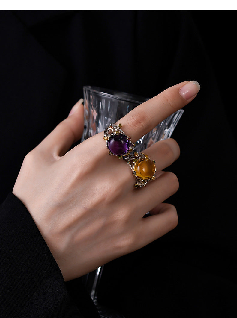 925 Sterling Silver Italian Hollow Amethyst Cabochon Adjustable Ring - Court Style