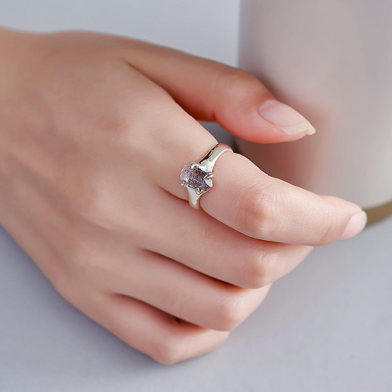 Irregular Super Seven Crystal Ring - 925 Silver Rough Stone - Adjustable Niche Design