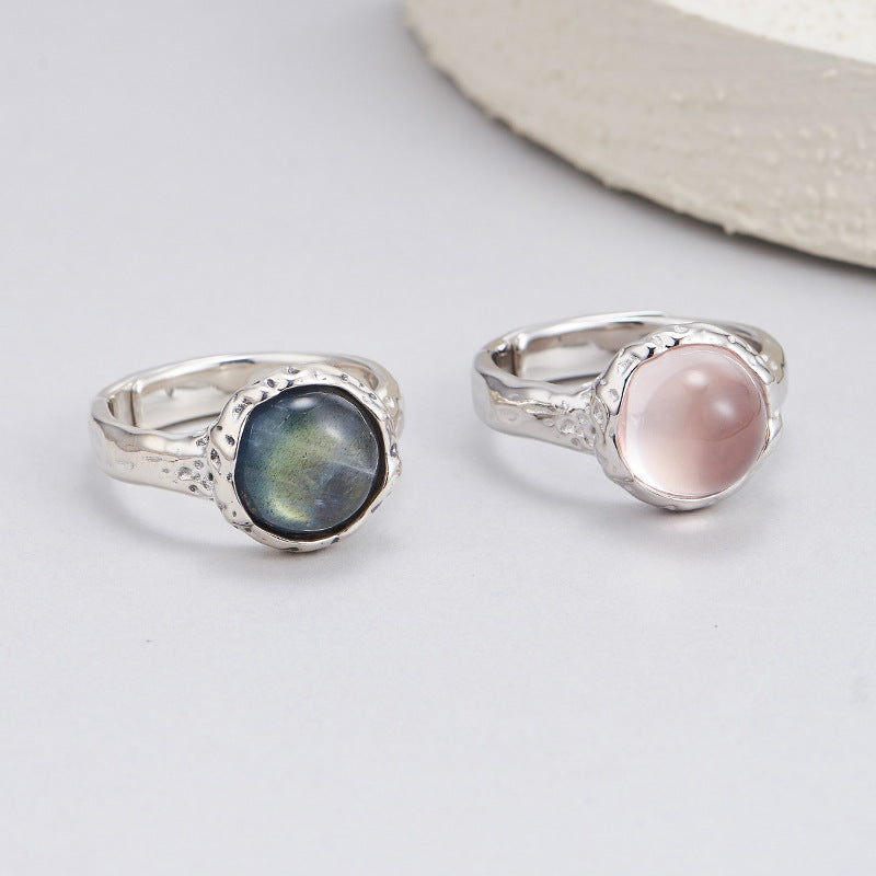 S925 silver powder crystal ring texture compact geometric adjustable ring