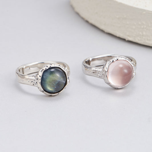 S925 silver powder crystal ring texture compact geometric adjustable ring