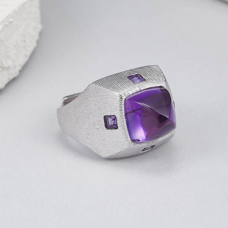 925 Sterling Silver Brushed Amethyst Diamond-Shaped Open Ring
