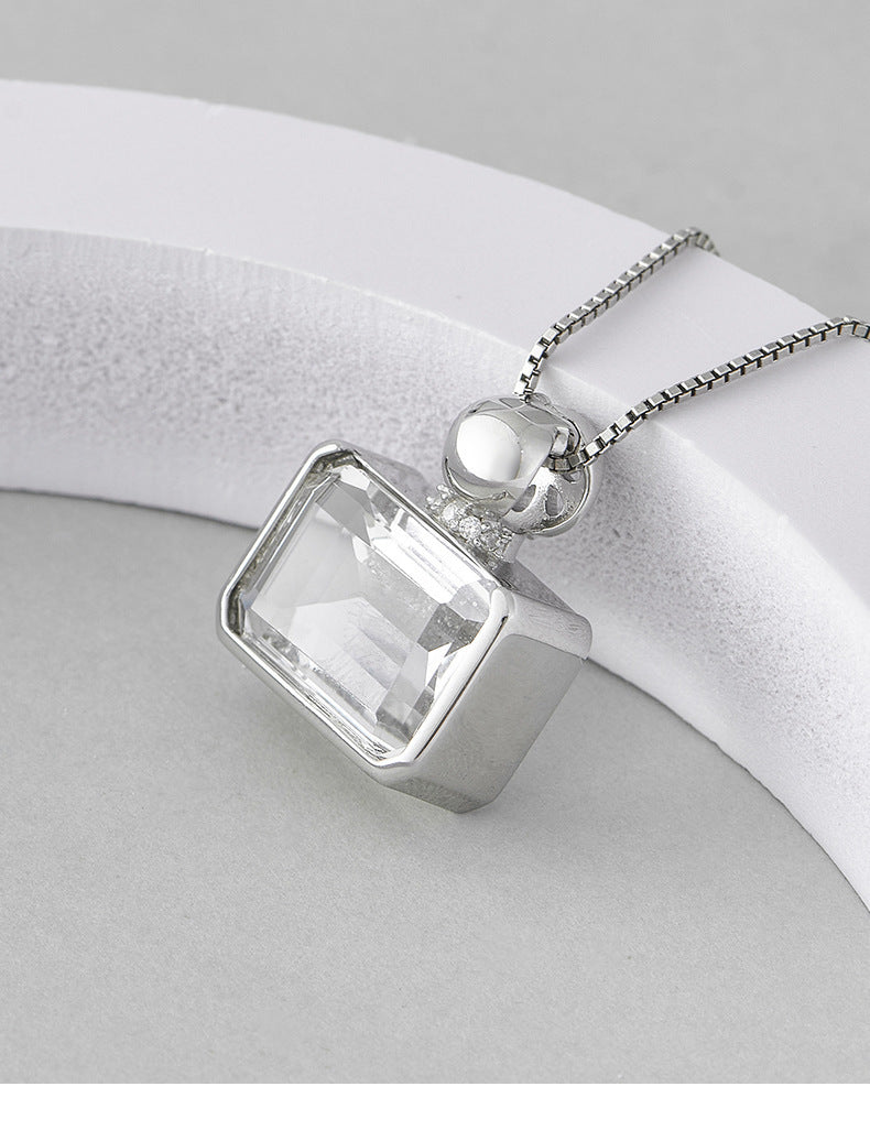 Square Crystal Pendant Necklace - 925 Silver Sugar Cube - Minimalist Perfume Bottle Design