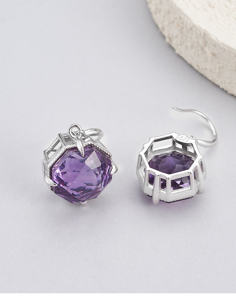Hexagonal Amethyst Earrings - 925 Silver Geometric Ear Hooks - Light Luxury Design