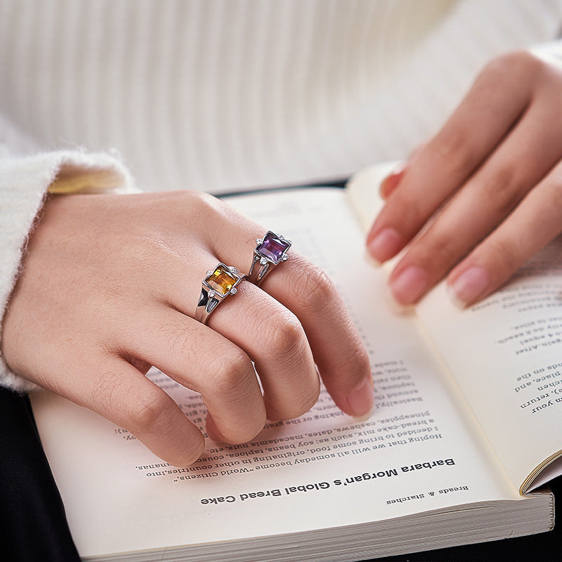 S925 silver natural crystal square ring fashionable versatile niche design adjustable index finger ring women