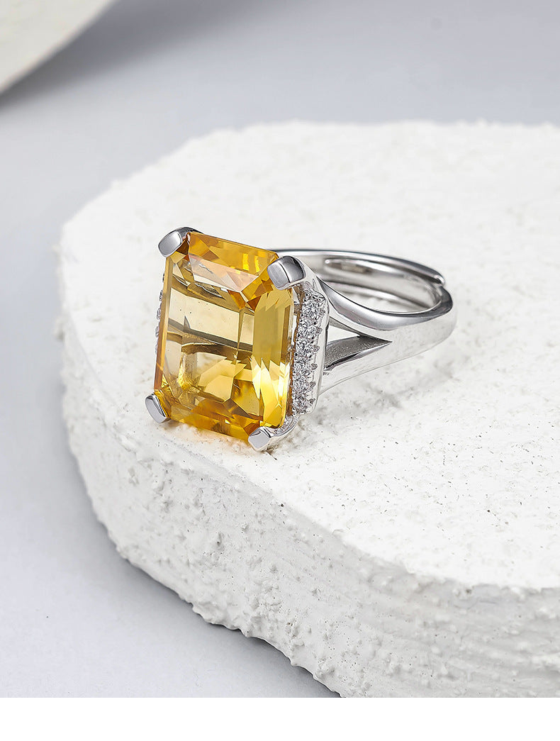 S925 Silver Delicate Fashion Cut Citrine Geometric Open Ring Simple Versatile Temperament Square Index Finger Ring Women
