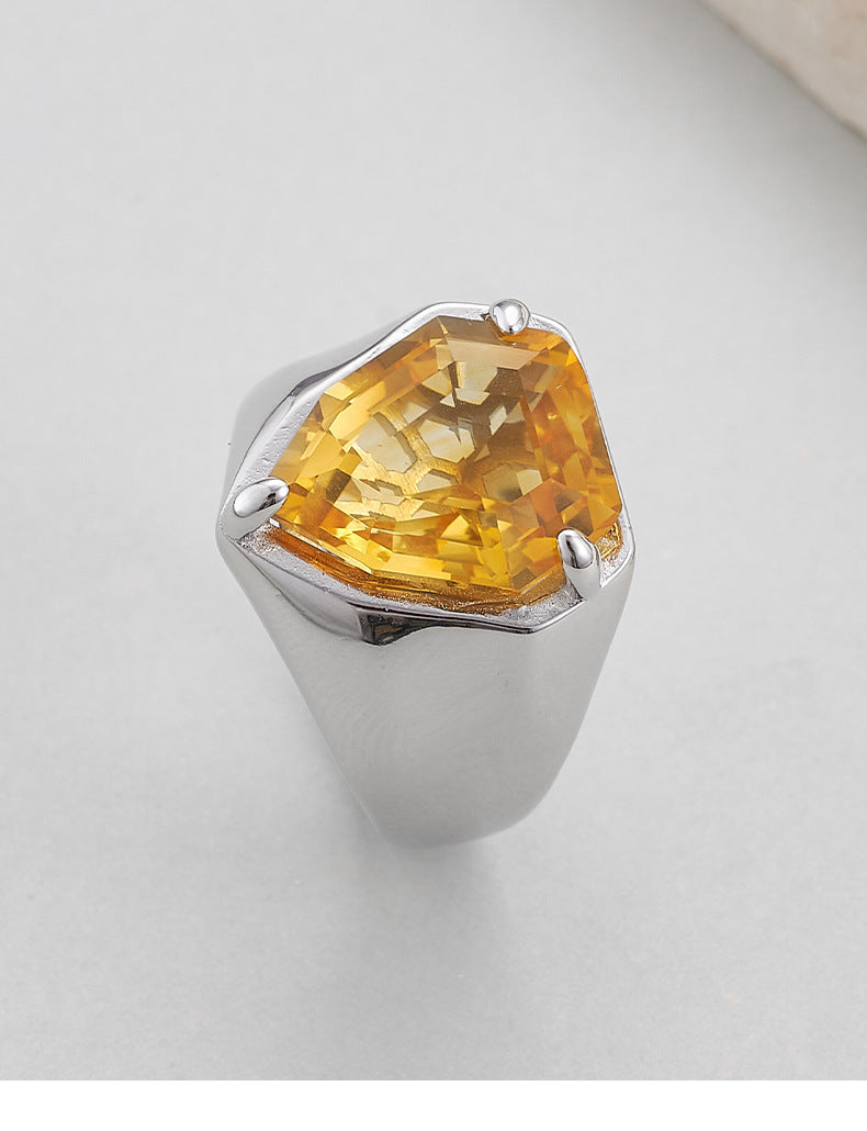 S925 silver cut amethyst geometric personality open ring fashionable simple sweet cool temperament adjustable ring