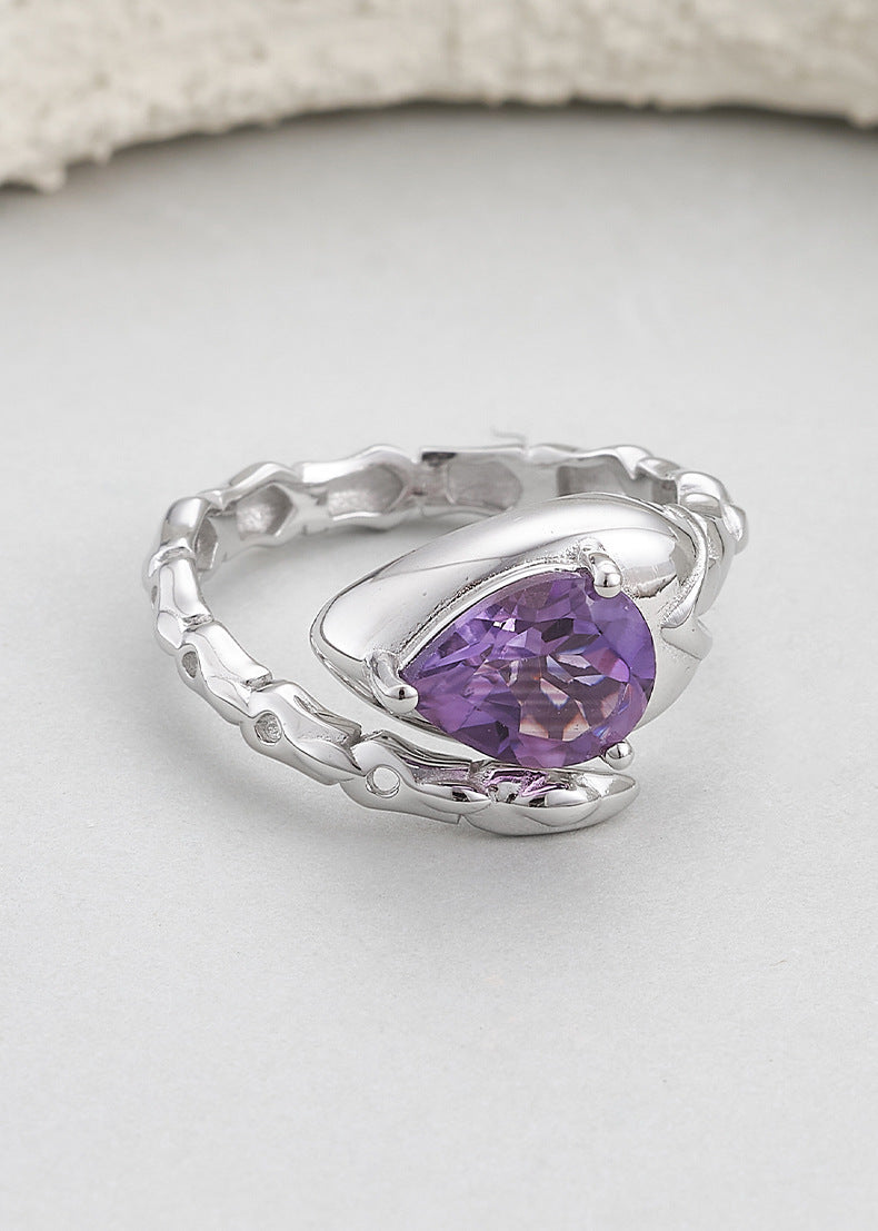 Serpent Amethyst Ring - 925 Sterling Silver Adjustable Band with Teardrop Stone