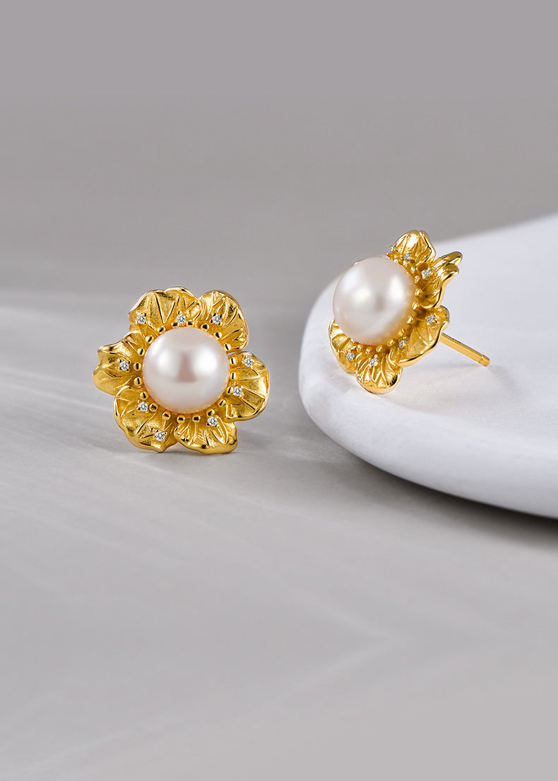 925 Sterling Silver Pearl Flower Stud Earrings - Vintage Design