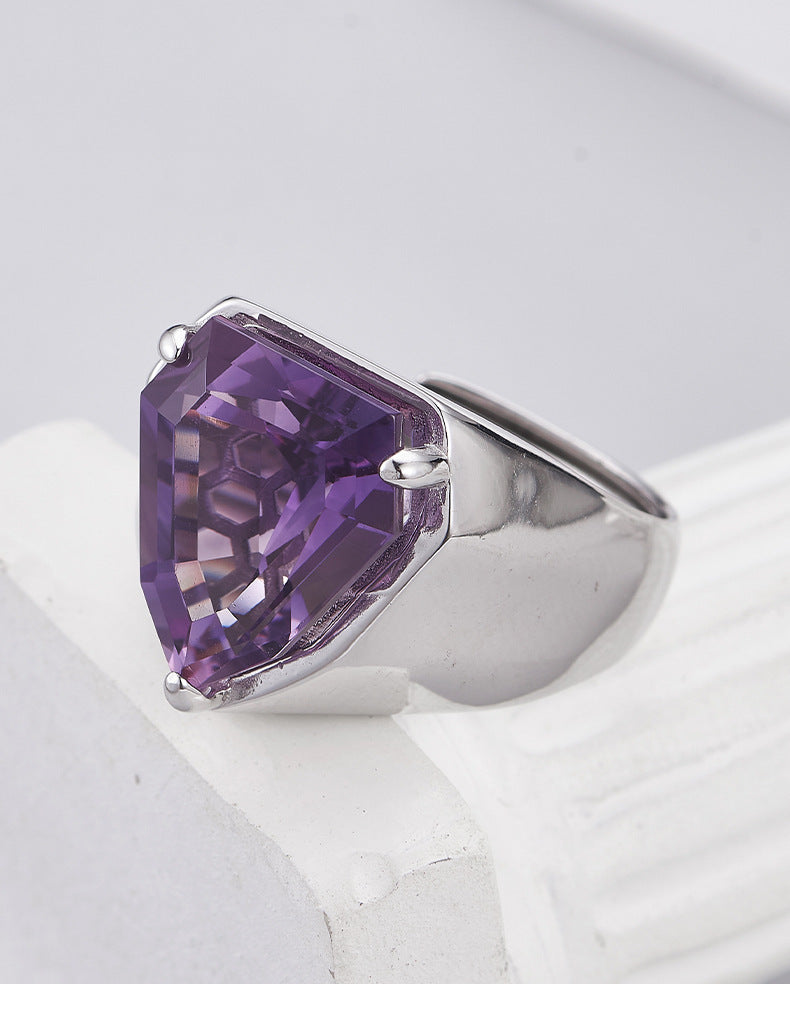 S925 silver cut amethyst geometric personality open ring fashionable simple sweet cool temperament adjustable ring