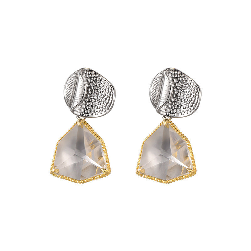925 Sterling Silver Geometric Crystal Stud Earrings - French Gold Edge Design
