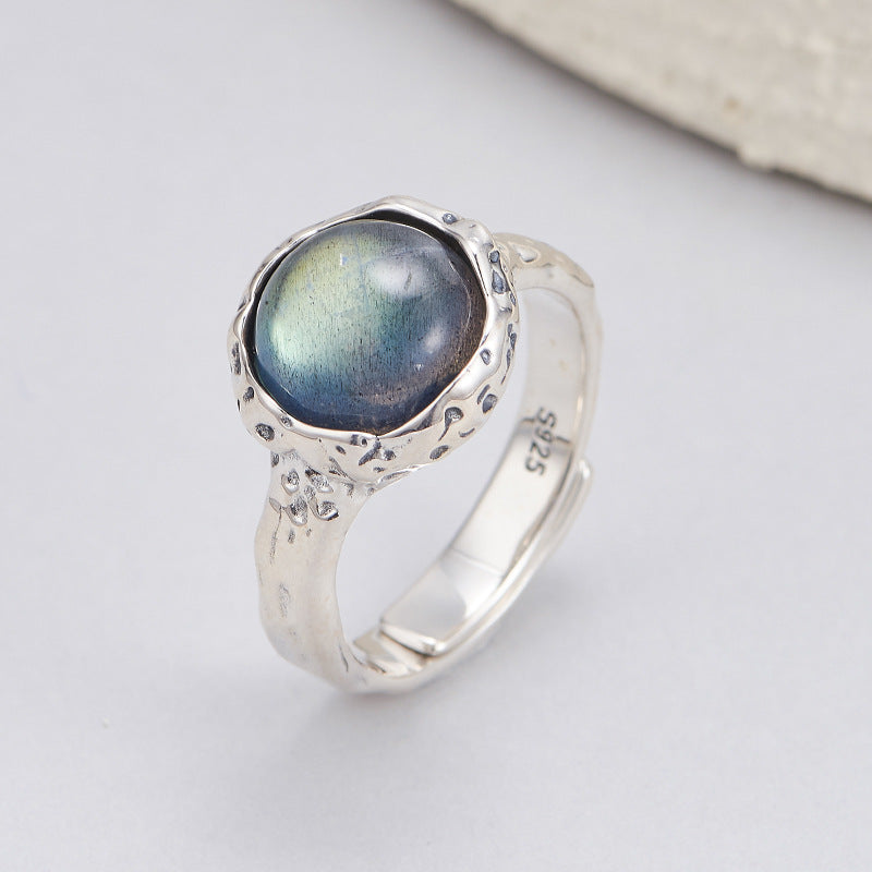 S925 silver powder crystal ring texture compact geometric adjustable ring