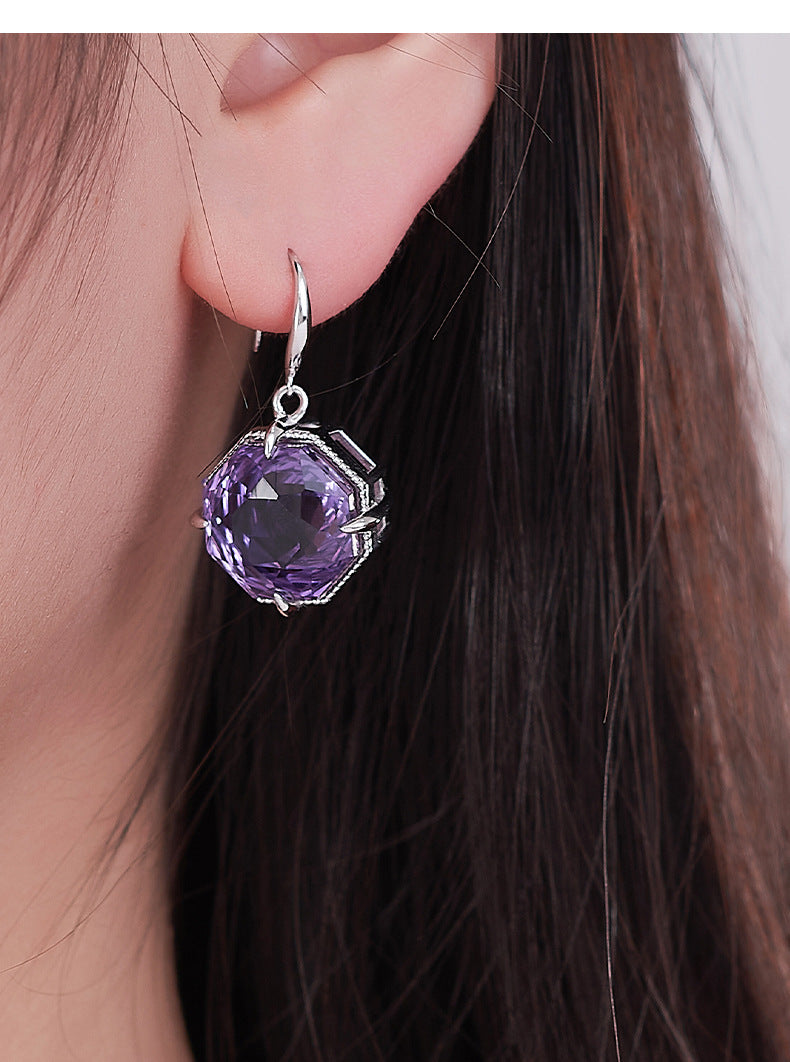 Hexagonal Amethyst Earrings - 925 Silver Geometric Ear Hooks - Light Luxury Design