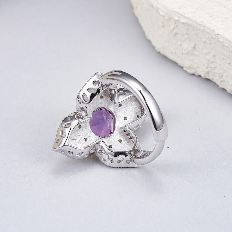 925 Sterling Silver Italian Faceted Amethyst Flower Open Ring