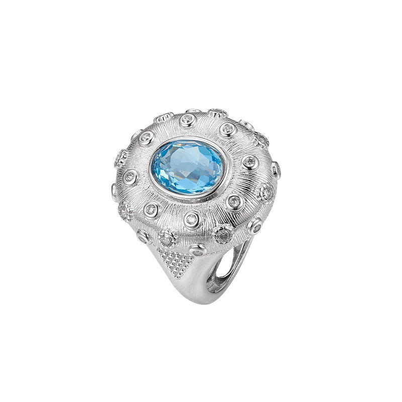 925 Sterling Silver Brushed Oval Topaz Ring with Crystals - Court Style Open Ring