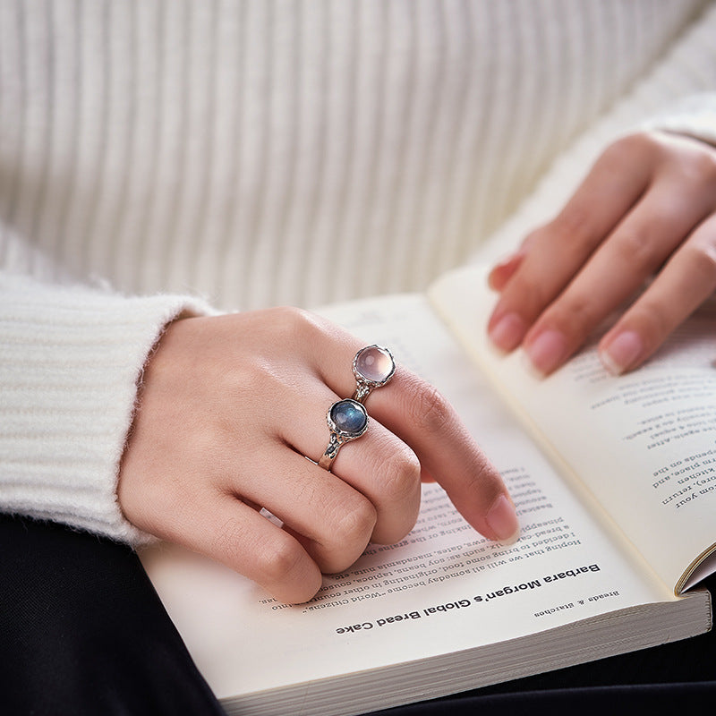 S925 silver powder crystal ring texture compact geometric adjustable ring