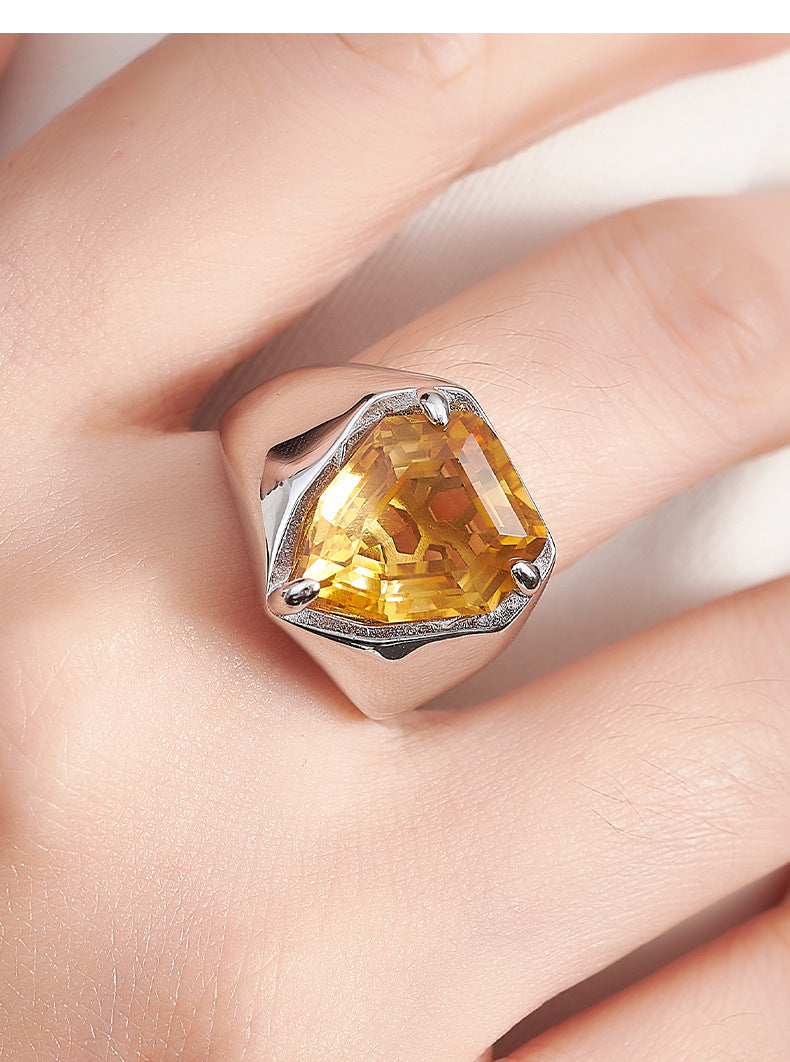 S925 silver cut amethyst geometric personality open ring fashionable simple sweet cool temperament adjustable ring