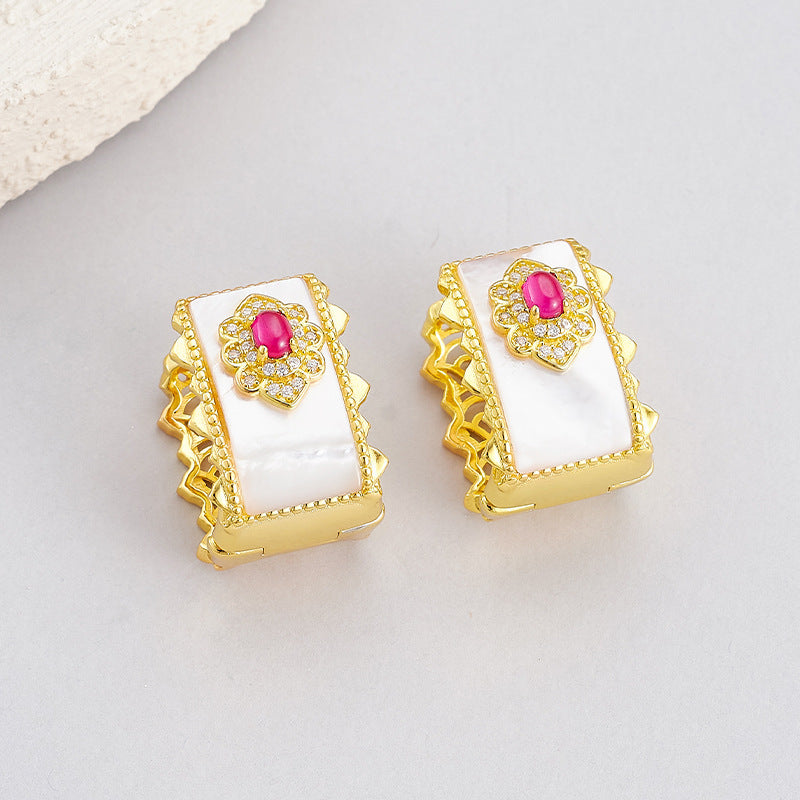 Retro light luxury red corundum ear buckle s925 silver hollow white shell wide-faced earrings temperament exquisite medieval earrings women