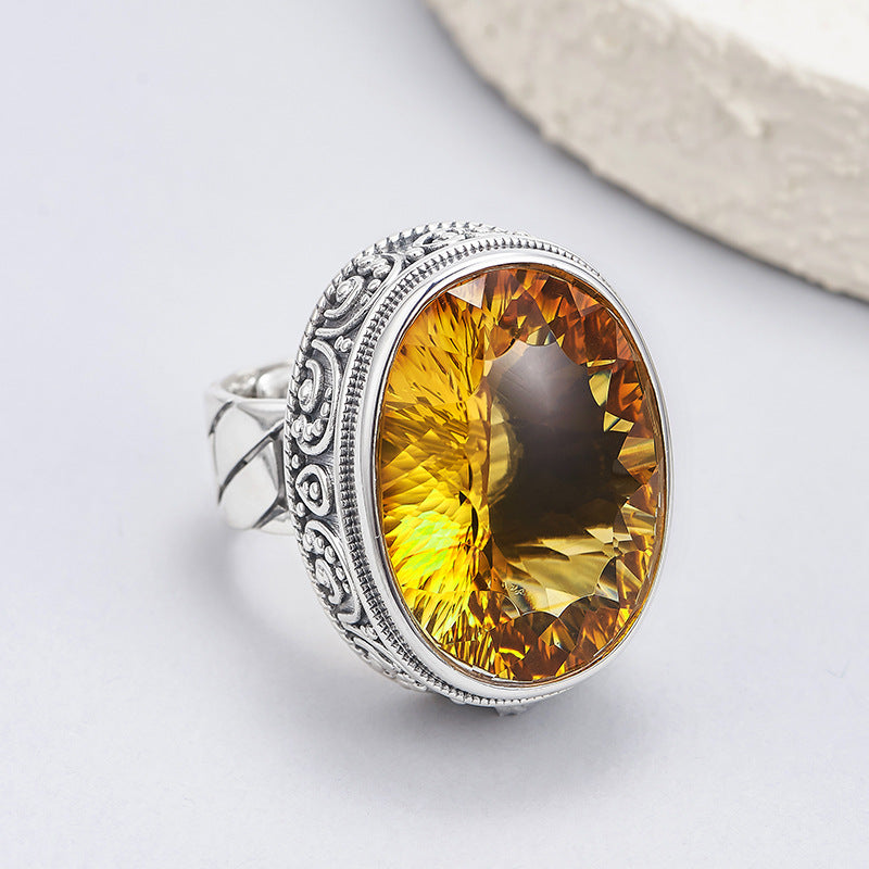 Exaggerated Oval Citrine Ring - 925 Silver Retro Pattern - Unisex Statement Ring