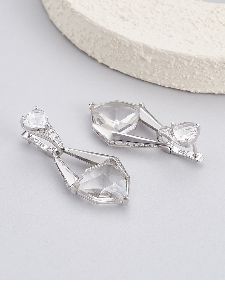 925 Sterling Silver Faceted White Crystal Geometric Dangle Earrings