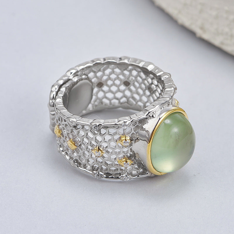 Hollow Lace Grape Stone Ring - 925 Silver Wide Band - Retro Geometric Design