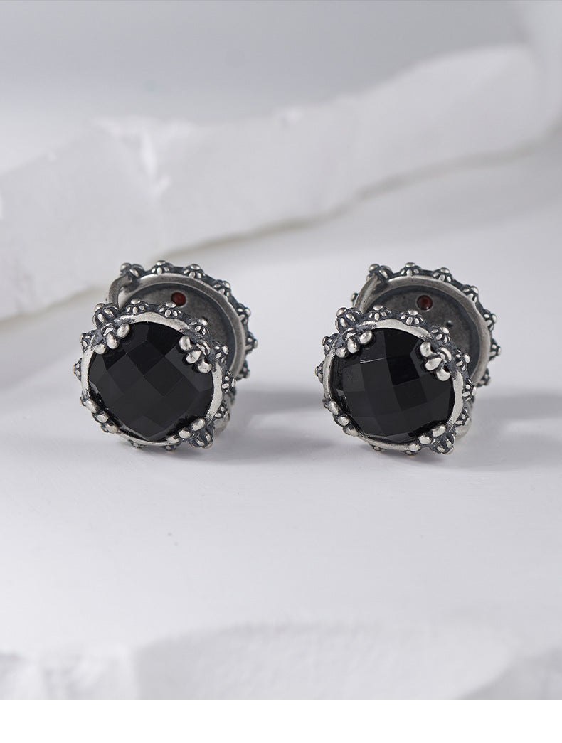 Geometric Onyx Earrings - Polished Sterling Silver Settings