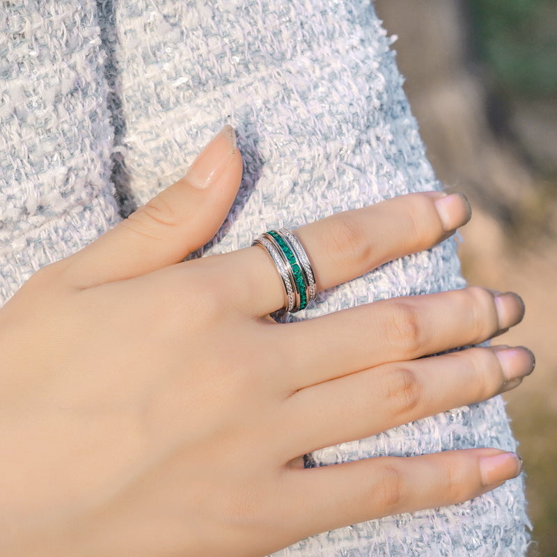 S925 Sterling Silver Rotatable Cultivated Emerald Ring Gold Plated
