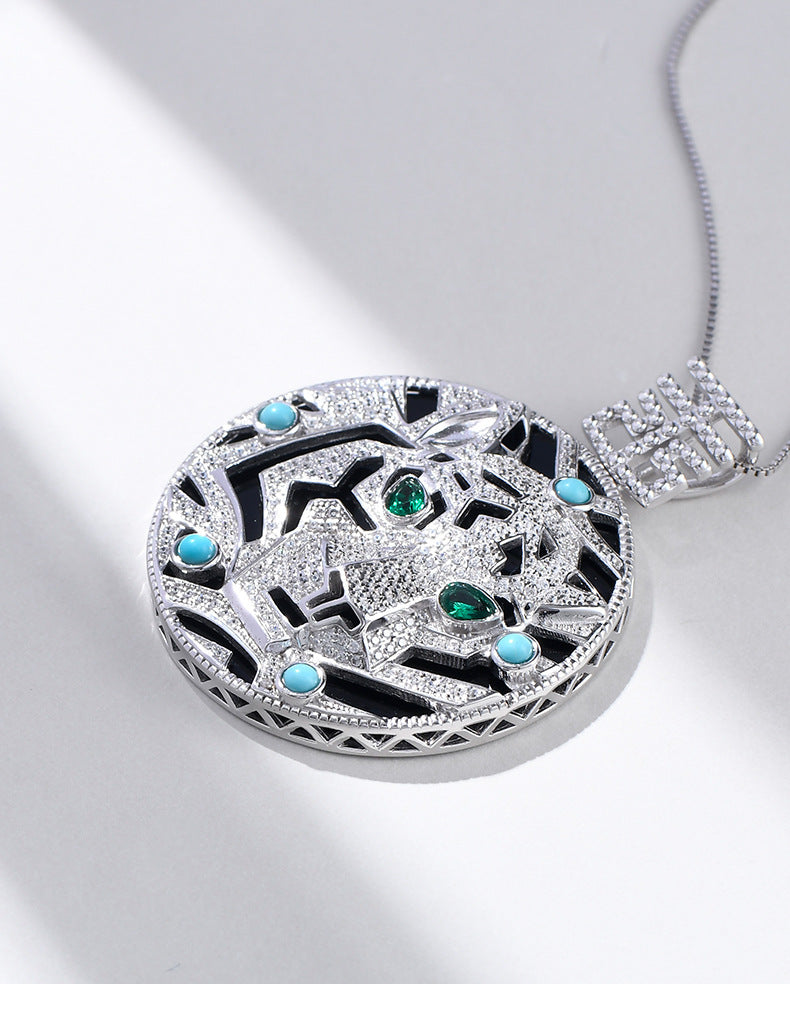 925 Sterling Silver Leopard Black Onyx Pendant Necklace - Statement Design