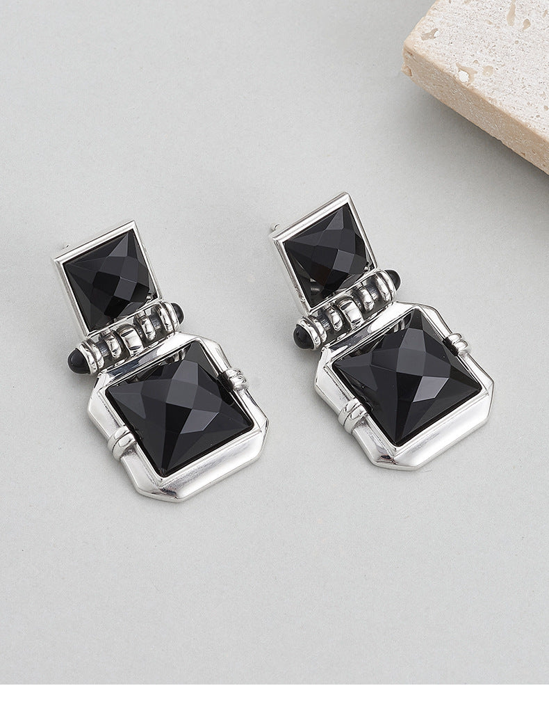925 Sterling Silver Square Faceted Black Onyx Stud Earrings