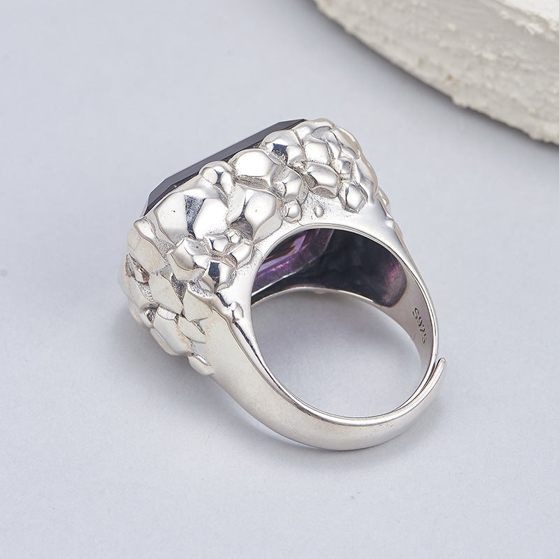 Bold Amethyst Statement Ring | 925 Sterling Silver | Textured Square Cocktail Ring