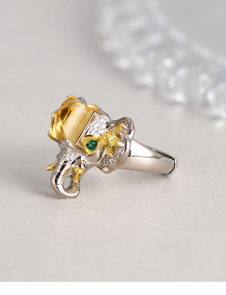 Elephant Citrine Ring - 925 Sterling Silver Adjustable Band with Micro-Pavé Detail