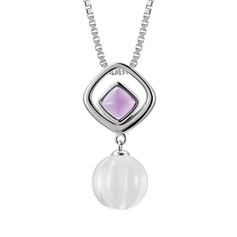 S925 silver rhombus hollow amethyst stud earrings pumpkin beads white crystal earrings simple niche design geometric set