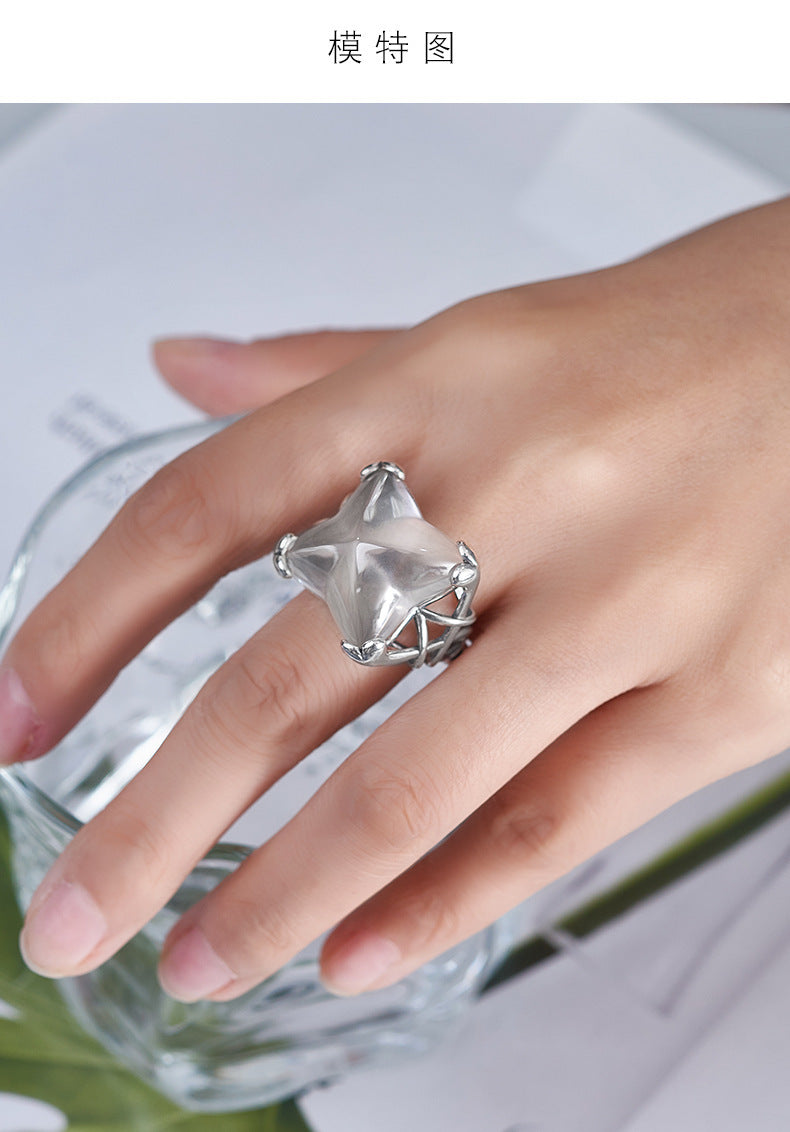 Hollow Geometric Crystal Ring - 925 Silver Large Opening - Exaggerated Index Finger Ring