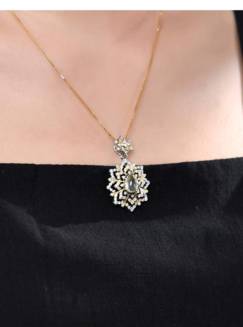 925 Sterling Silver Grape Stone Flower Pendant Necklace - Court Style