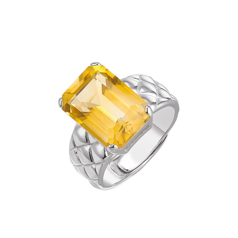 S925 silver natural cut citrine texture square ring cold wind personality temperament ring
