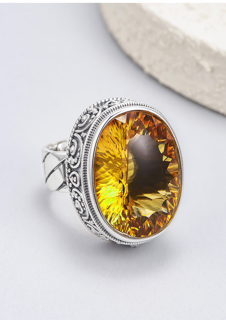 Exaggerated Oval Citrine Ring - 925 Silver Retro Pattern - Unisex Statement Ring