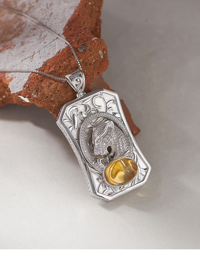 925 Sterling Silver Leopard Head Citrine Square Pendant Necklace - Vintage Design