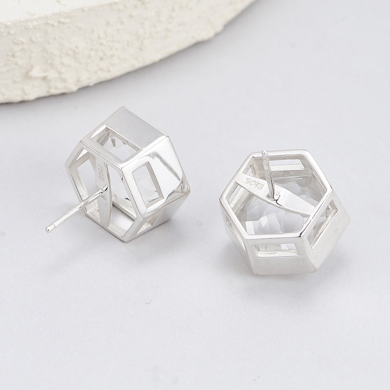 S925 silver rhombus white crystal heavy industry open ring design sense versatile temperament geometric stud earrings jewelry