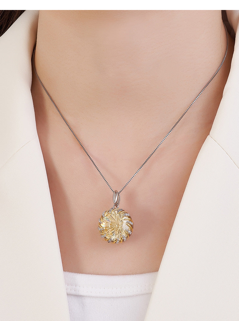 Two-Tone Floral Bud Pendant - 925 Sterling Silver with Yellow Gemstone & Pavé Crystals