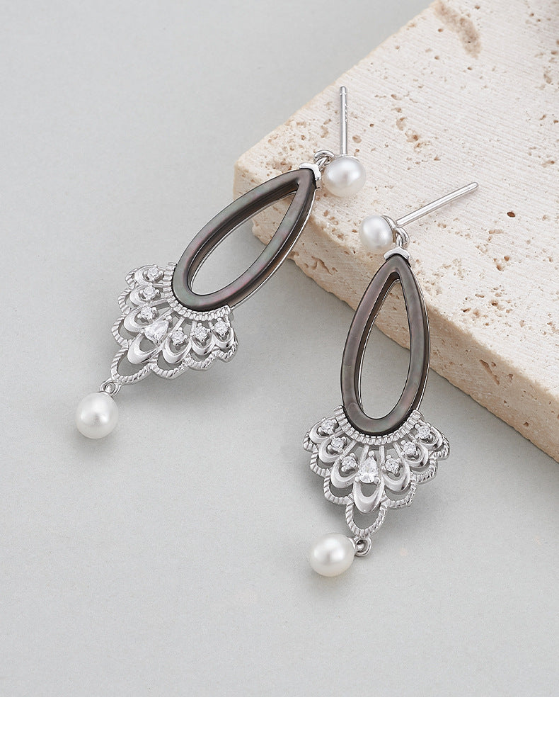 Teardrop Pearl Earrings - 925 Sterling Silver Openwork Long Drop with Black Shell