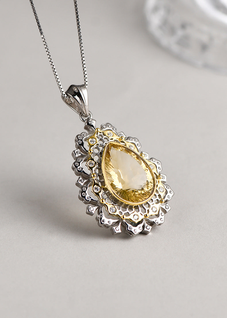 925 Sterling Silver Italian Lace Citrine Teardrop Pendant Necklace - Vintage Court Style