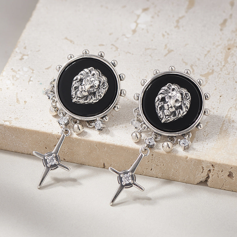925 Sterling Silver Lion Head Black Onyx Tassel Earrings - Unisex