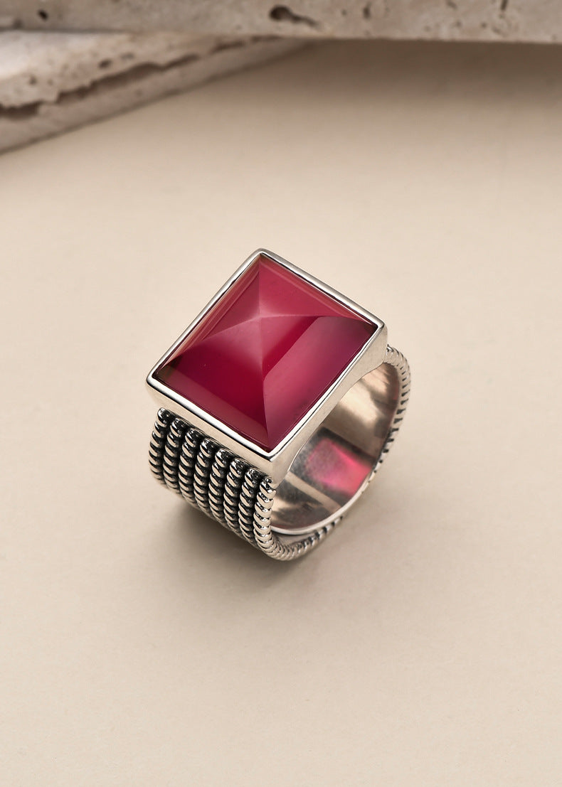 925 Sterling Silver Square Ruby Open Ring - Bold Vintage Design