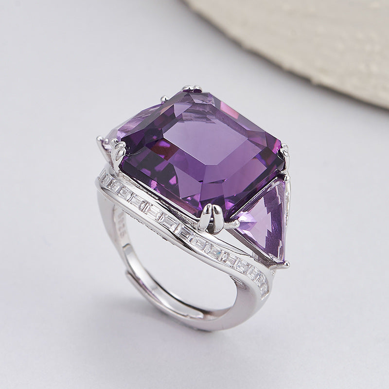 Natural Amethyst Geometric Ring - 925 Silver Flash Diamond - Statement Index Finger Ring