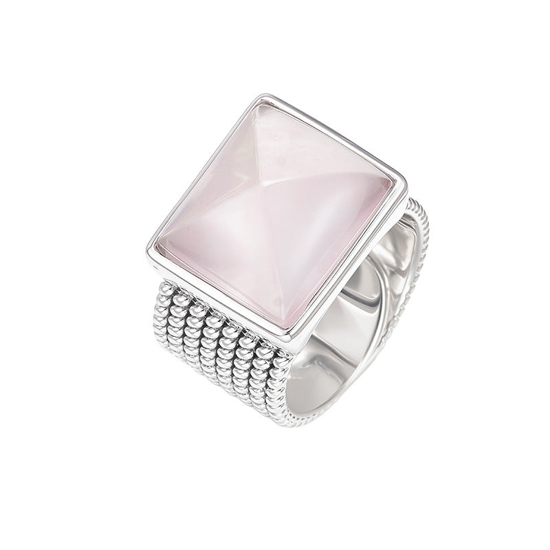 925 Sterling Silver Wide Pink Crystal Square Ring - Minimalist Unisex