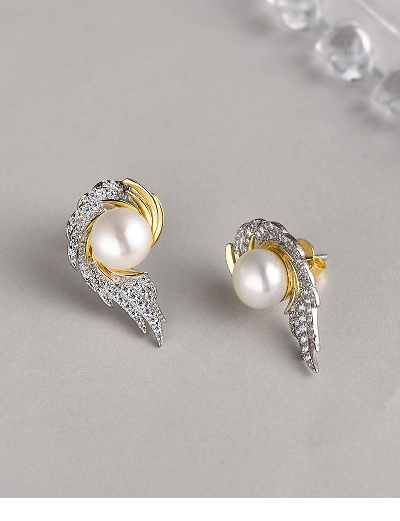 925 Sterling Silver Angel Wing Pearl Stud Earrings - French Vintage Design